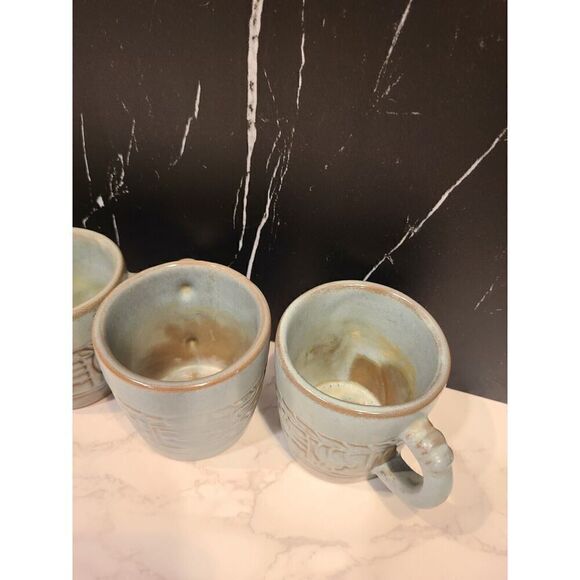 FRANKOMA Pottery Mugs /Cup 7C Blue /Green Mayan Aztec Set Of 5 Vintage MCM EUC - Picture 7 of 10
